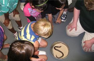 Pre-school class looking at a snake.